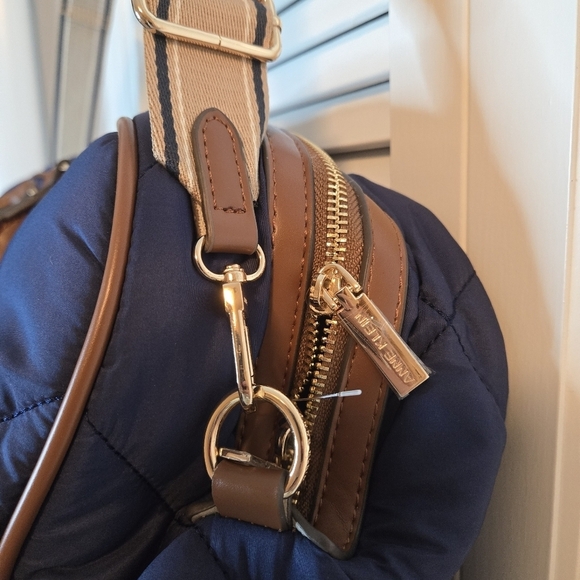 ANNE KLEIN Navy Quilted Weekender Bag Brown Faux Leather Dual Compartment 20x14 - Picture 7 of 13